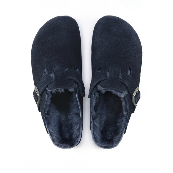 NWOT Birkenstock Boston Midnight Navy Blue Shearling Suede Leather Slip On Clogs - Picture 2 of 7